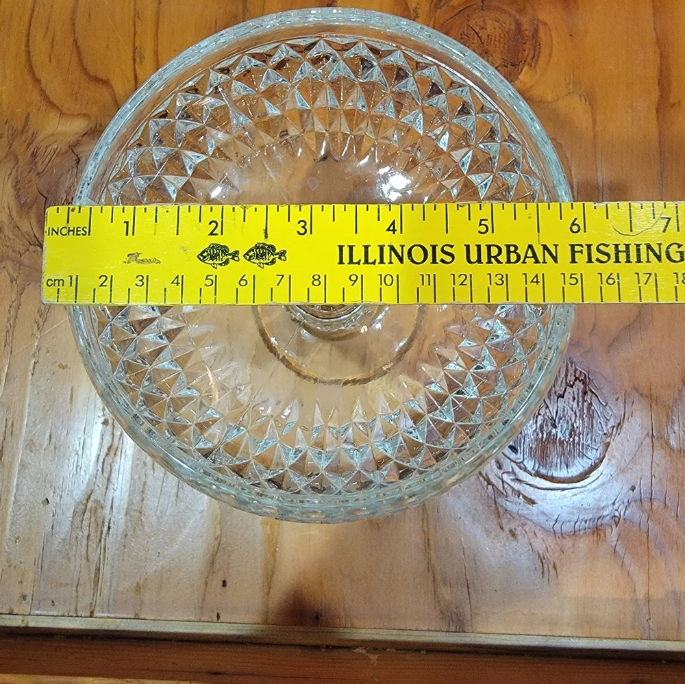 Clear Crystal Pedestal‎ Candy Dish with Diamond Cut Pattern Vintage 1960s